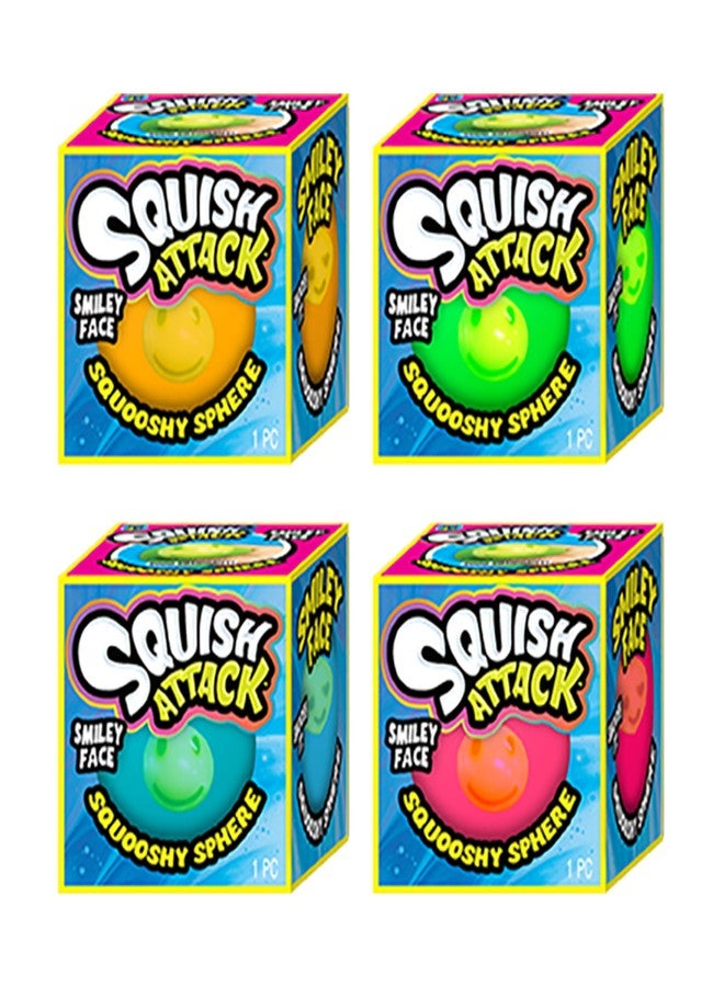 JA-RU Squish Attack Ball (4 Units Assorted) Squooshy Sphere with 6 Different Smiley Faces. Fidget Squishy Toy for Kids, Teen, & Adult. Soft Stress Therapy, Squish and Stretch Party Favor. 5606-4 - Image 1